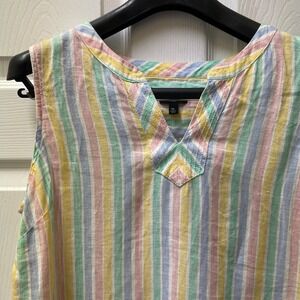 Talbots Petite Women's Size MP V-Neck Multi Striped Sleeveless 100% Linen